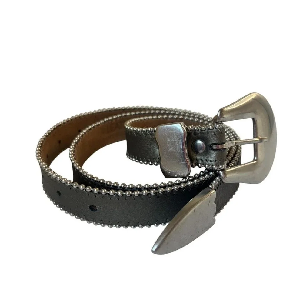 Leather Rock Genuine Leather Beaded‎ Edge Belt Black Silver Hardware 44
